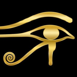 Könnte beinhalten: Ein goldfarbenes ägyptisches Horusauge-Symbol, auch bekannt als Wadjet-Auge, mit einem detaillierten Design und einer Spirale am unteren Ende.