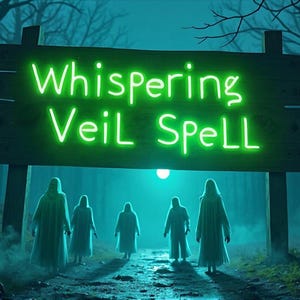 Könnte beinhalten: Eine digitale Illustration zeigt eine Waldszene mit einem Holzschild mit der Aufschrift "Whispering Veil Spell" in leuchtend grünen Buchstaben. Figuren in Kapuzenmänteln gehen auf das Schild zu. Die Szene spielt in einem dunklen, nebligen Wald.