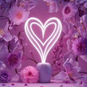 Könnte beinhalten: Ein weißes Neon-Herz leuchtet über einer kleinen weißen Vase, umgeben von rosa und lila Blumen. Das Blumenarrangement umfasst verschiedene Blüten und Blätter und schafft eine romantische und dekorative Präsentation.