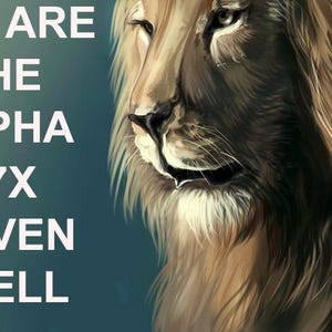 Op de afbeelding: Een close-up van een leeuwenkop met een lichtbruine manen. De ogen van de leeuw zijn open en kijken naar de zijkant. De tekst "YOU ARE THE ALPHA 27X COVEN SPELL" staat in witte letters op een blauwe achtergrond.