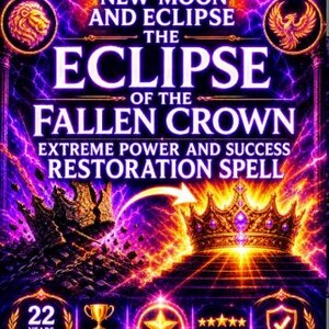 May include: A digital graphic featuring a solar eclipse, a golden crown, and a lion and phoenix emblem. Text reads: NEW MOON AND ECLIPSE THE ECLIPSE OF THE FALLEN CROWN EXTREME POWER AND SUCCESS RESTORATION SPELL. Includes 22 YEARS ONLINE, TOP RATED, FIVE STARS, TRUSTED, and YOUR CROWN. YOUR POWER. YOUR DESTINY. RESTORED.