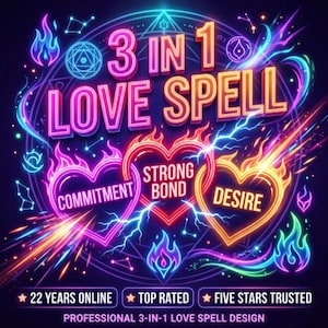 May include: A neon-style graphic featuring the text 3 IN 1 LOVE SPELL with three glowing hearts labeled COMMITMENT, STRONG BOND, and DESIRE. The design includes flames, lightning, and stars, with text at the bottom reading 22 YEARS ONLINE, TOP RATED, FIVE STARS TRUSTED, and PROFESSIONAL 3-IN-1 LOVE SPELL DESIGN.