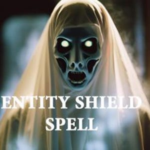 May include: A white sheet with a ghostly figure with glowing green eyes and an open mouth. The text "ENTITY SHIELD SPELL" is written in white letters on a black background.