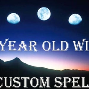 May include: A dark blue sky with a crescent moon and five full moons in a semi-circle. The text "97 YEAR OLD WITCH CUSTOM SPELL" is in white letters.
