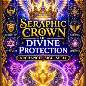 Peut inclure: Une affiche rectangulaire représentant une couronne dorée ailée, entourée d'une lumière cosmique violette et bleue. Le texte indique : SERAPHIC CROWN OF DIVINE PROTECTION ARCHANGEL SIGIL SPELL. Inclut des symboles de foi, pureté, protection, courage, lumière divine et harmonie.