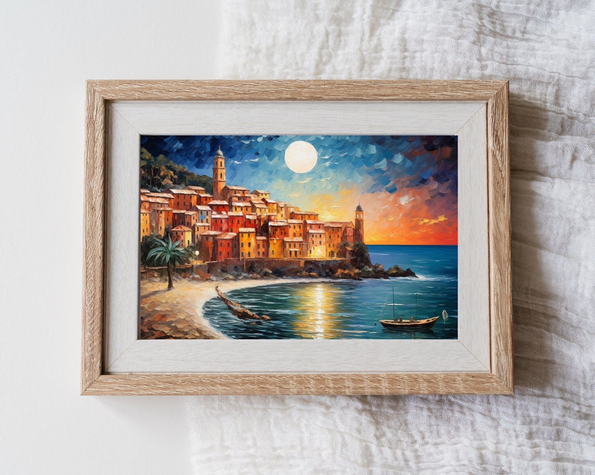 Coastal Beach Town Oil Painting Wall Art, Mediterranean Landscape ...