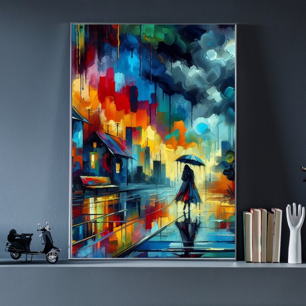 Wall Art Oil Painting On Canvas Lonely Woman With Umbrella Walking On Street, Woman Lady Girl Walking In Rain Artwork,  Digital Print Decor