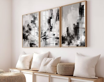 Juego de 3 cuadros abstractos en negro y beige, decoración de pared minimalista, decoración de arte minimalista moderna para el hogar, decoración neutra para el dormitorio, descarga digital