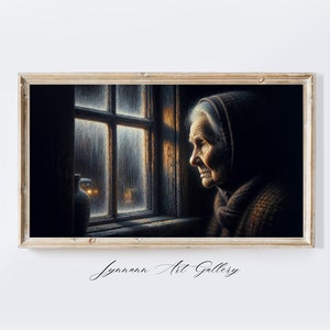 Waiting In Solitude | Deep Thought| Old lonely lady with wrinkled face looking through the window| Reflective Solitude Art| Digital Download
