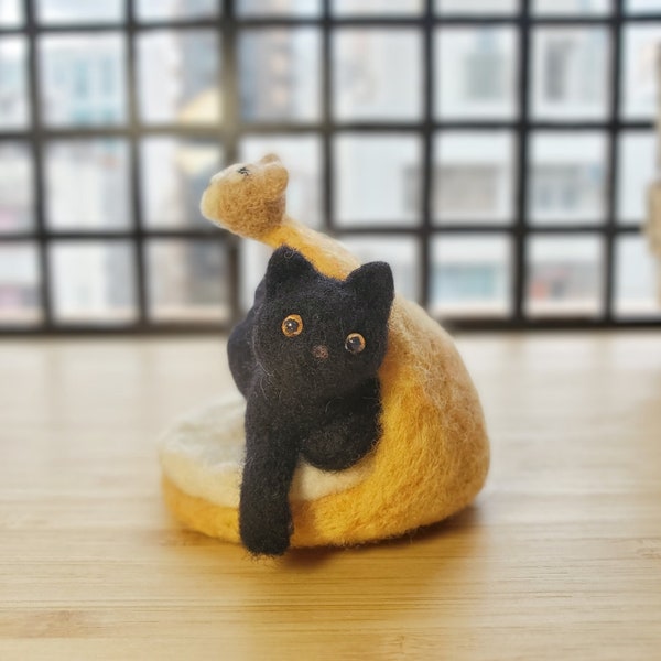 Miniature Needle Felted Black Cat on Cat Bed with Cartoon Bear Eye Rolling