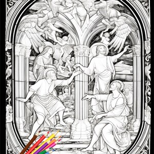 May include: A black and white illustration of a religious scene depicting Jesus Christ with two disciples. The scene is set in a church with stained glass windows and arches. The image is suitable for coloring.