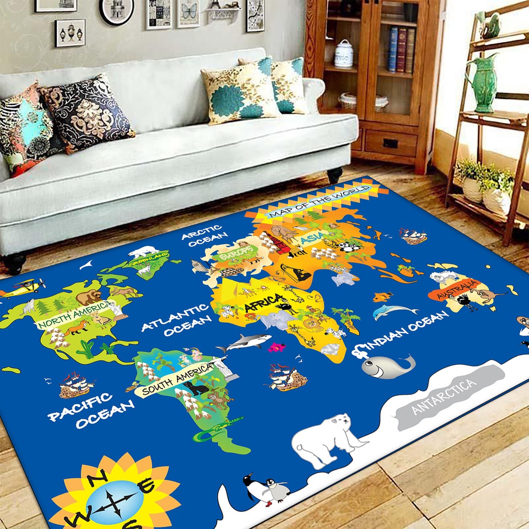 World Map Area Rug, Continents Oceans World Map Living