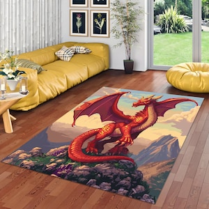 Alfombra de área de dragón, alfombra de diseño, alfombra moderna, alfombra de arte, alfombra de ilustración, alfombra de dragón, alfombra popular, alfombra fantástica, alfombra de área, alfombra de salón, decoración de habitación para niños imagen 1