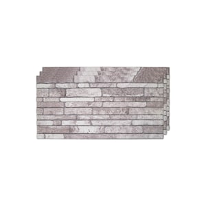 May include: A stack of faux stone wall panels. The panels feature a realistic brick pattern in shades of gray, beige, and brown. The rectangular panels are designed to mimic the look of a natural stone wall.
