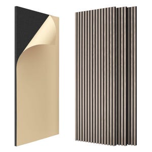 May include: Two wall panels. One panel has a black backing with a tan surface, partially peeled back. The other panel is made of vertical wooden slats with black backing. The slats are light brown.