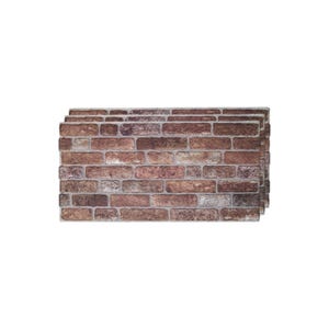 May include: A rectangular wall panel featuring a realistic printed pattern of weathered red and brown bricks with light gray mortar lines. The surface displays a textured appearance with varied shades of terracotta, rust, and dark brown tones.