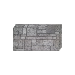 May include: A stack of gray stone-look panels. The panels have a textured surface with a variety of rectangular and square shapes, resembling a stone wall. The color is a mix of light and medium gray tones.