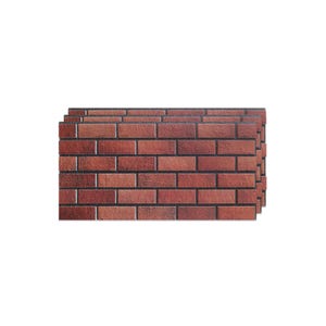 May include: A stack of red brick-patterned panels. The panels have a realistic brick texture with dark grout lines. The bricks are various shades of red and brown, creating a rustic appearance. The panels are likely for interior or exterior wall decoration.