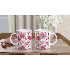 Ceramic mug (12 oz) with pink rose petals