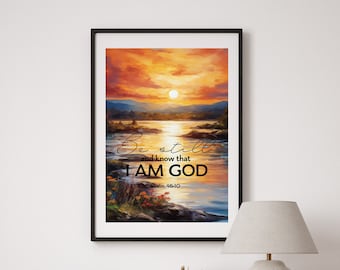 May include: A framed print with a sunset landscape painting. The text "Be still and know that I AM GOD" is written on the image with the scripture reference "Psalm 46:10".