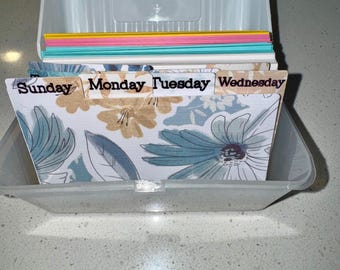 May include: A clear plastic storage box containing a set of tabbed index cards. The cards feature a floral pattern in shades of blue and tan, with the days of the week Sunday, Monday, Tuesday, and Wednesday printed in black text on the tabs.