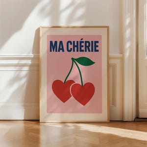Ma Chérie Cherry Poster, Retro French Wall Art, Funky Pink Kitchen Print, Cute Digital Download, 70s Aesthetic Fruit Decor Print