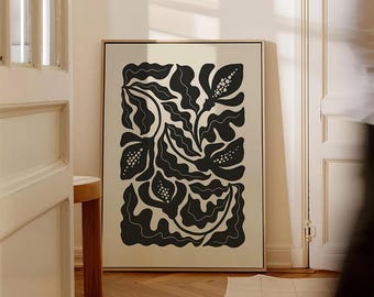Póster floral estilo Matisse, impresión botánica abstracta, arte mural de flores negras, decoración bohemia minimalista, obra de arte imprimible de naturaleza moderna.