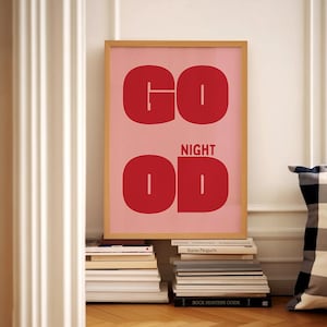Good Night Art Print, Bold Typography Wall Art, Red & Pink Modern Poster, Bedroom Quote Print, Retro Printable Home Decor