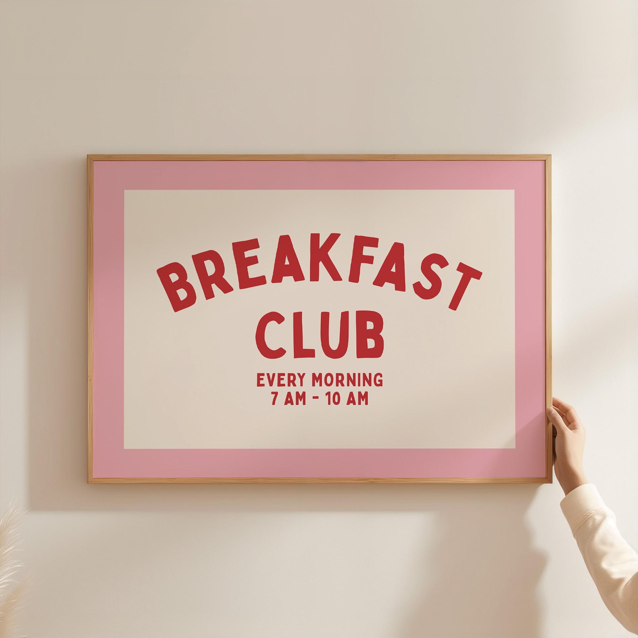 Breakfast Club Print, Kitchen Wall Art, Retro Breakfast Poster, Funny Dining Room Decor, Cafe Quote Print, Pink Red Typography Art