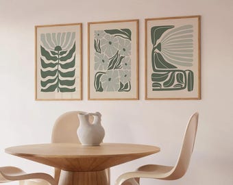 Lot de 3 impressions d'art botaniques imprimables, fleurs vertes abstraites, décoration murale esthétique terreuse, téléchargement numérique, fleur de Style Matisse
