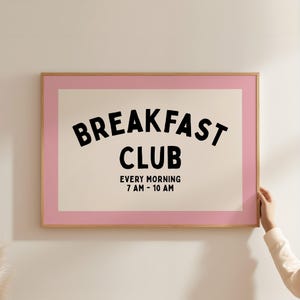 Breakfast Club Print, Kitchen Wall Art, Retro Breakfast Poster, Funny Dining Room Decor, Cafe Quote Print, Pink Black Typography Art