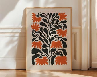 Estampado floral de terracota Matisse, arte mural botánico abstracto, decoración bohemia moderna para el hogar, póster de flores naranja quemadas, regalo para ella, arte digital