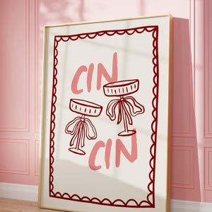 Cin Cinプリント、レトロなバーアート、かわいいアルコールポスター、彼女への楽しいワインギフト、印刷可能なドリンクデコレーション、ピンクレッドのウォールアート、デジタルダウンロード