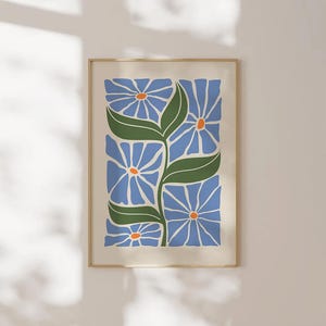 Blue Botanical Wall Art Print, Matisse Style Flower Poster, Modern Floral Printable Art, Minimal Plant Wall Decor, Boho Bloom Digital Print
