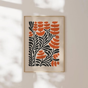 Orange Floral Wall Art Print, Matisse Inspired Botanical Poster, Boho Modern Plant Printable, Bold Flower Digital Art, Minimalist Wall Decor