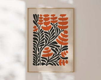 Lámina de arte mural floral naranja, póster botánico inspirado en Matisse, imprimible de plantas modernas bohemias, arte digital floral llamativo, decoración de pared minimalista