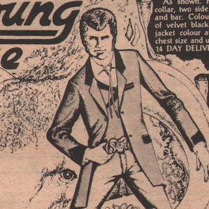May include: A vintage advertisement featuring the text "Too Young To Die" and an illustration of a man in a suit. The ad promotes clothing items including drape jackets, bootlace ties, and drainpipe jeans. The text "60s & 70s Music-Fan" is also visible.