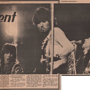 May include: A newspaper clipping with the headline "Never A Dull Moment" and a subheading "Nick Logan gatecrashes a 'Faces' recording session". The clipping features a photo of a band performing on stage. The text "60s & 70s Music-Fan" is in a yellow box.