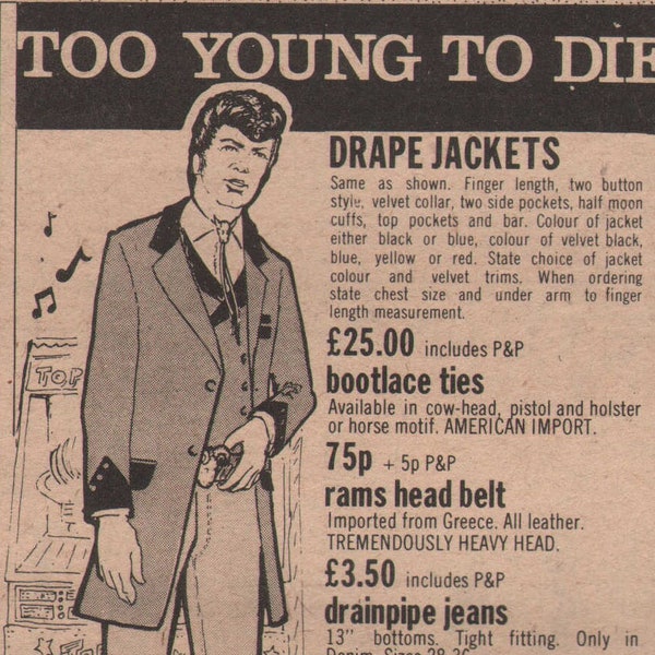 Too Young to Die - Veste drapée - Découpage publicitaire NME original de 1974 - Rockabilly, Teddyboy, Ted