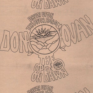 May include: A vintage record sleeve for Donovan's single "Ricki Ticki Tavi". The cover features a black and white illustration of a sun rising over a mountain range with the text "Dawn Upon The Open Road" and "Donovan" in a stylised font.