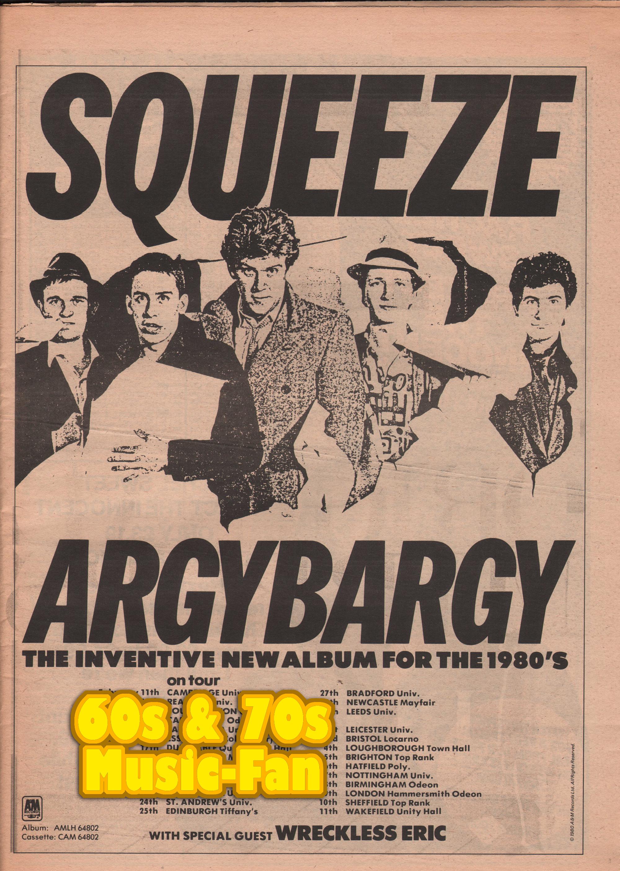 SQUEEZE Poster / 1980 Original NME - Argybargy / Glenn Tilbrook