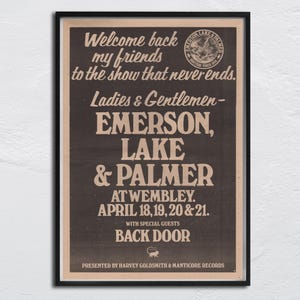 ELP Emerson, Lake & Palmer Poster - 1974 original NME - at Wembley - special guests Back Door / Keith Emerson, Greg Lake, Carl Palmer