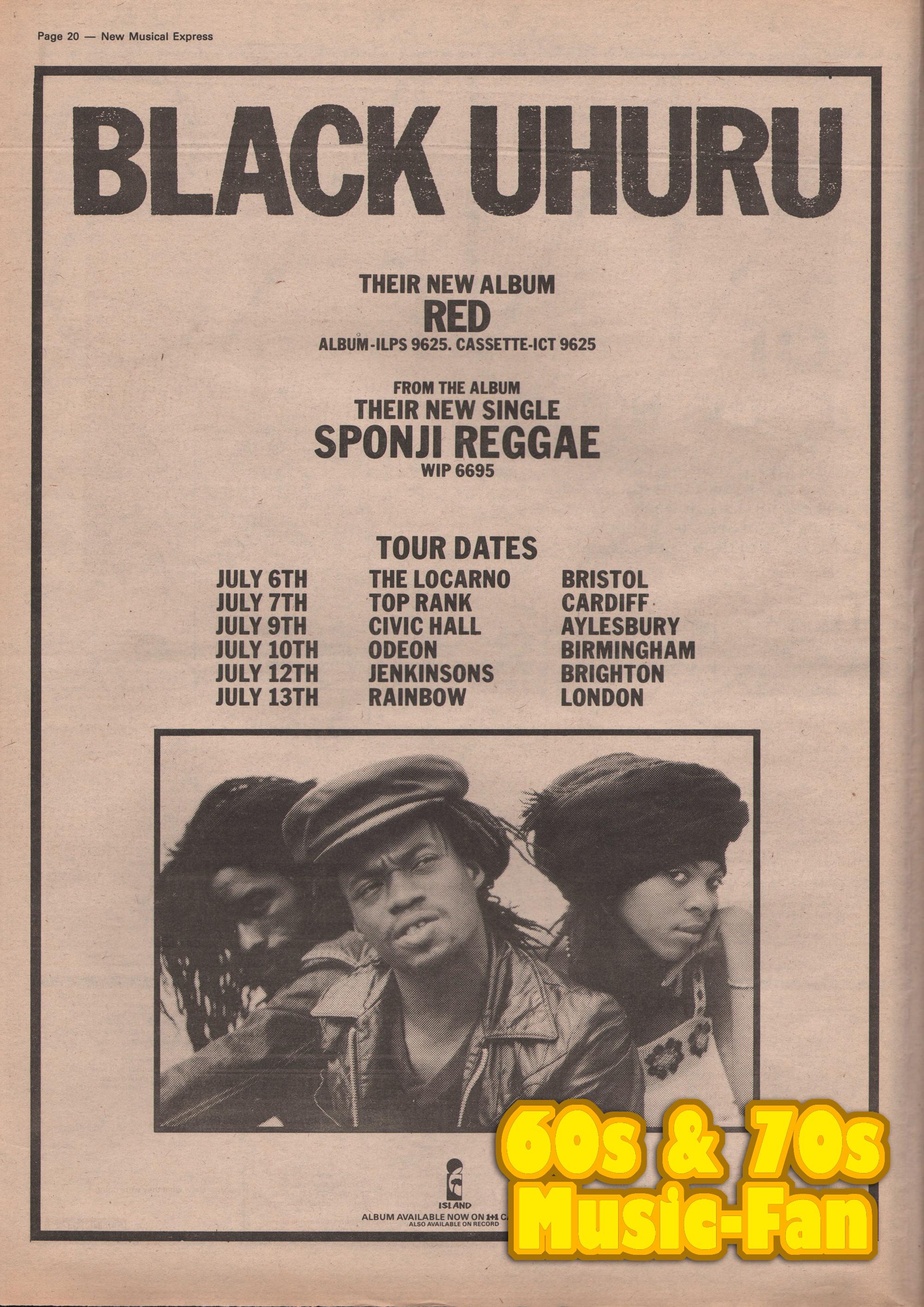 BLACK UHURU Poster - 1981 Orgiginal NME - Red / Sponji Reggae