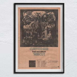 May include: Framed vintage poster for Curved Air's album "Air Cut." The poster features a sepia-toned illustration of a group of people with a surreal background. The band's name and album title are displayed in stylized text.