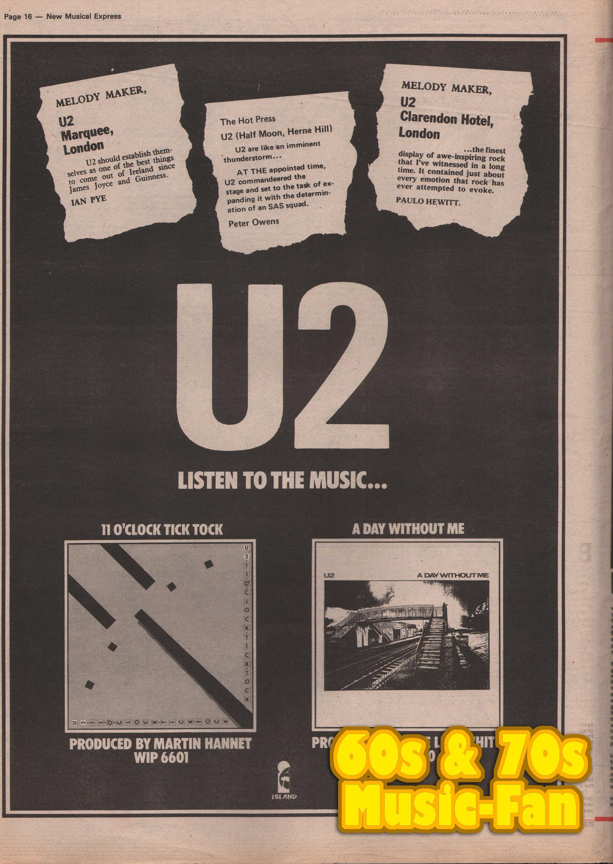 U2 POSTER - 1980 Org. NME - 11 O Clock Tic Toc / A Day Without Me