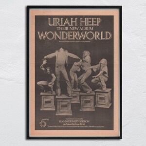 Póster original de URIAH HEEP de 1974 de NME: Wonderworld, Hammersmith Odeon, Ken Hensley, Lee Kerslake, David Byron, Gary Thain y Mick Box