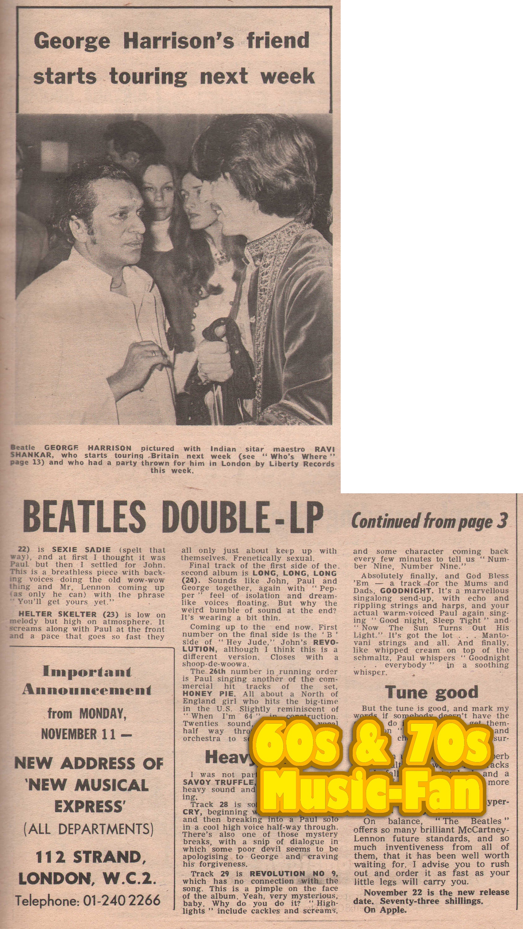1969 ビートルズ、ローリング ストーンズの大きなオリジナル NME
