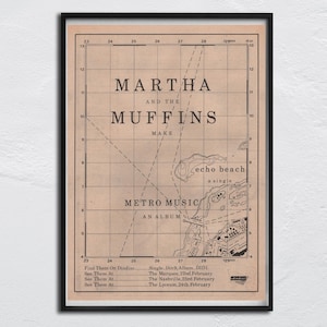 Può includere: Un poster incorniciato in stile vintage con un design a mappa. Il poster presenta il testo "MARTHA AND THE MUFFINS" e "METRO MUSIC AN ALBUM". Il testo aggiuntivo include "echo beach" e un elenco di date e luoghi. La tavolozza dei colori è principalmente beige e nero.