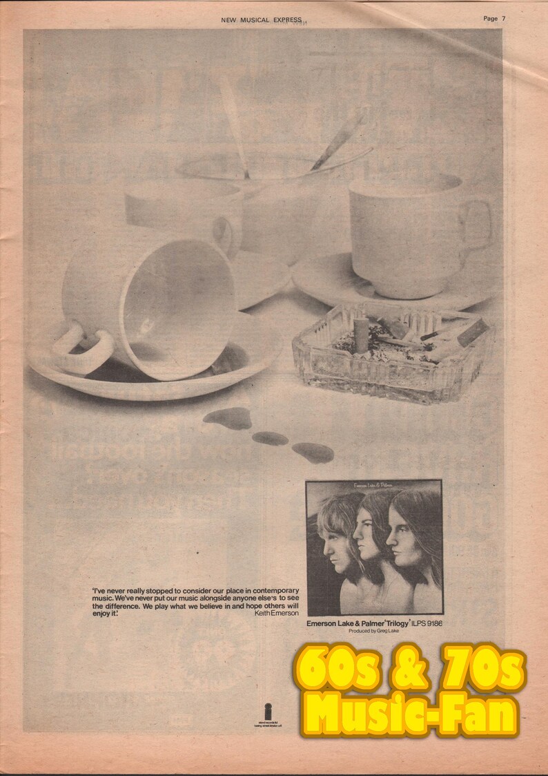 May include: A vintage magazine page featuring white teacups, saucers, and a sugar bowl. An ashtray with cigarette butts sits nearby. A small black and white photo of a band is also present. The text "60s & 70s Music-Fan" is in the bottom right corner.