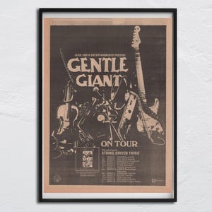 May include: Black framed poster featuring a vintage concert advertisement for Gentle Giant. The poster includes illustrations of a violin, guitar, and other instruments. Text on the poster reads "On Tour String Driven Thing."